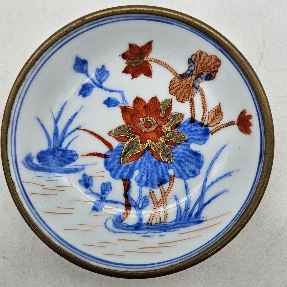 Vintage Japanese Porcelain Collector Plate Brass Trim Floral T.F.F. Hong Kong